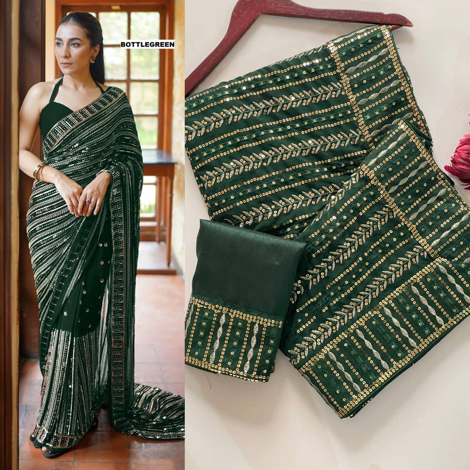 Dark Green Premium Sequins Embroidered Faux Georgette Saree